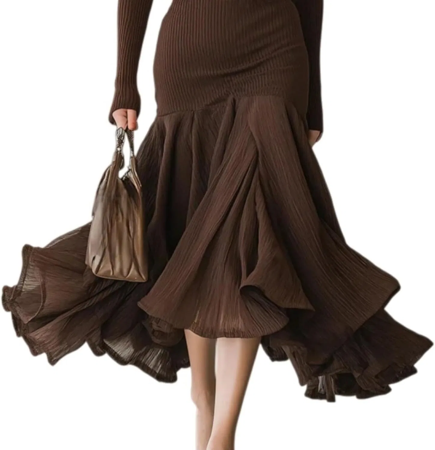 Женское платье миди с V-образным вырезом Ribbed Knit Dress, Dark Brown — фото 3