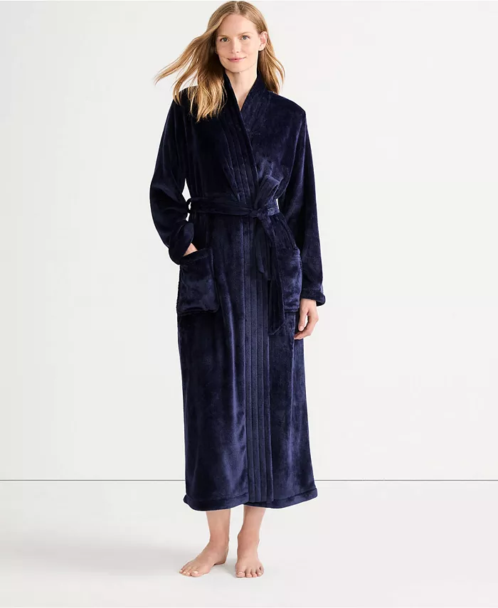 

Женский высокий уютный плюшевый длинный банный халат Lands' End, синий