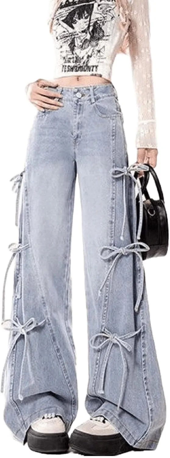 

Американские ретро джинсы с бантом для женщин, свободные, широкие LREUIP