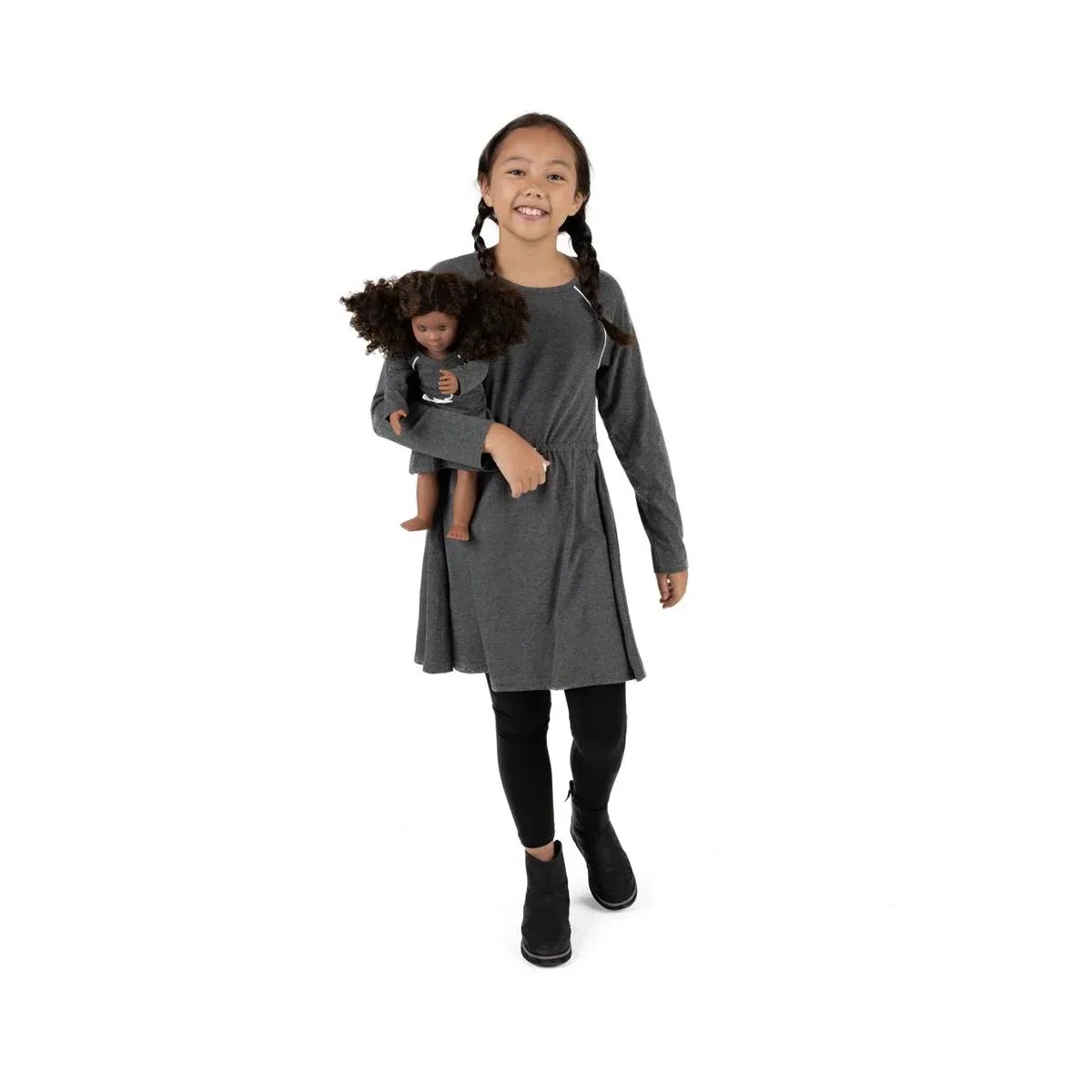 Детское платье для девочек с длинным рукавом Girl and Doll Bow Tie Dress LEVERET, Dark Gray — фото 2