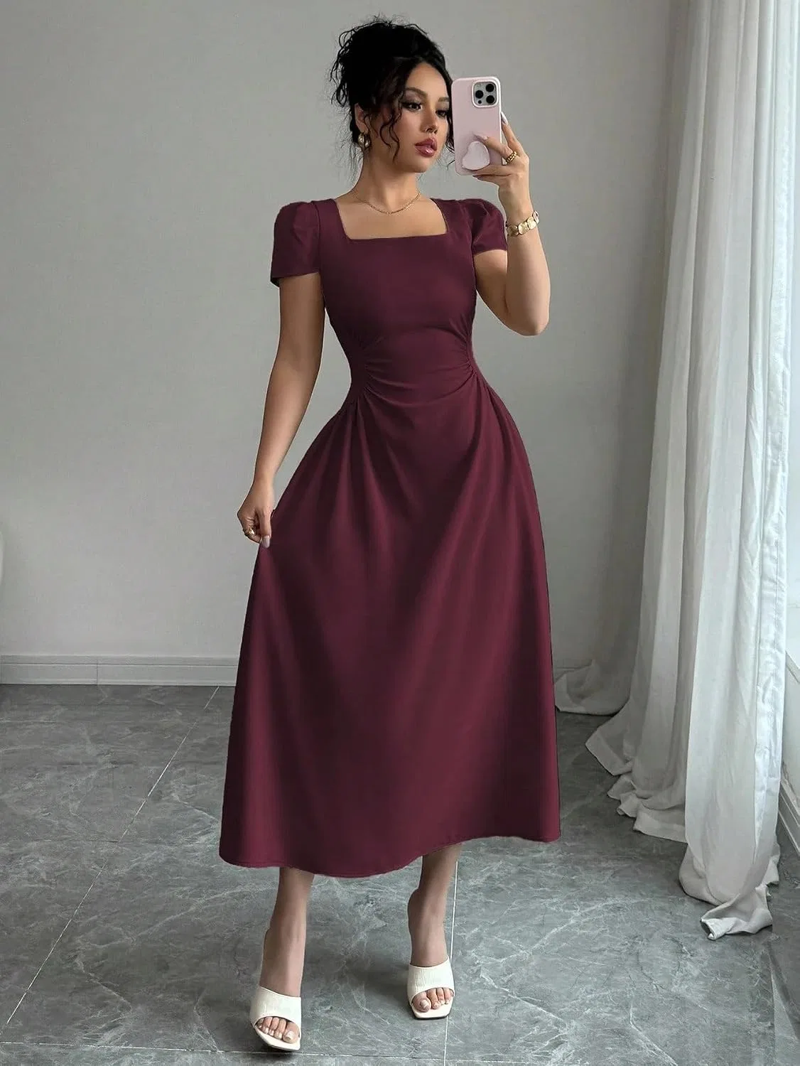 Женское элегантное платье миди A-line, Maroon — фото 4