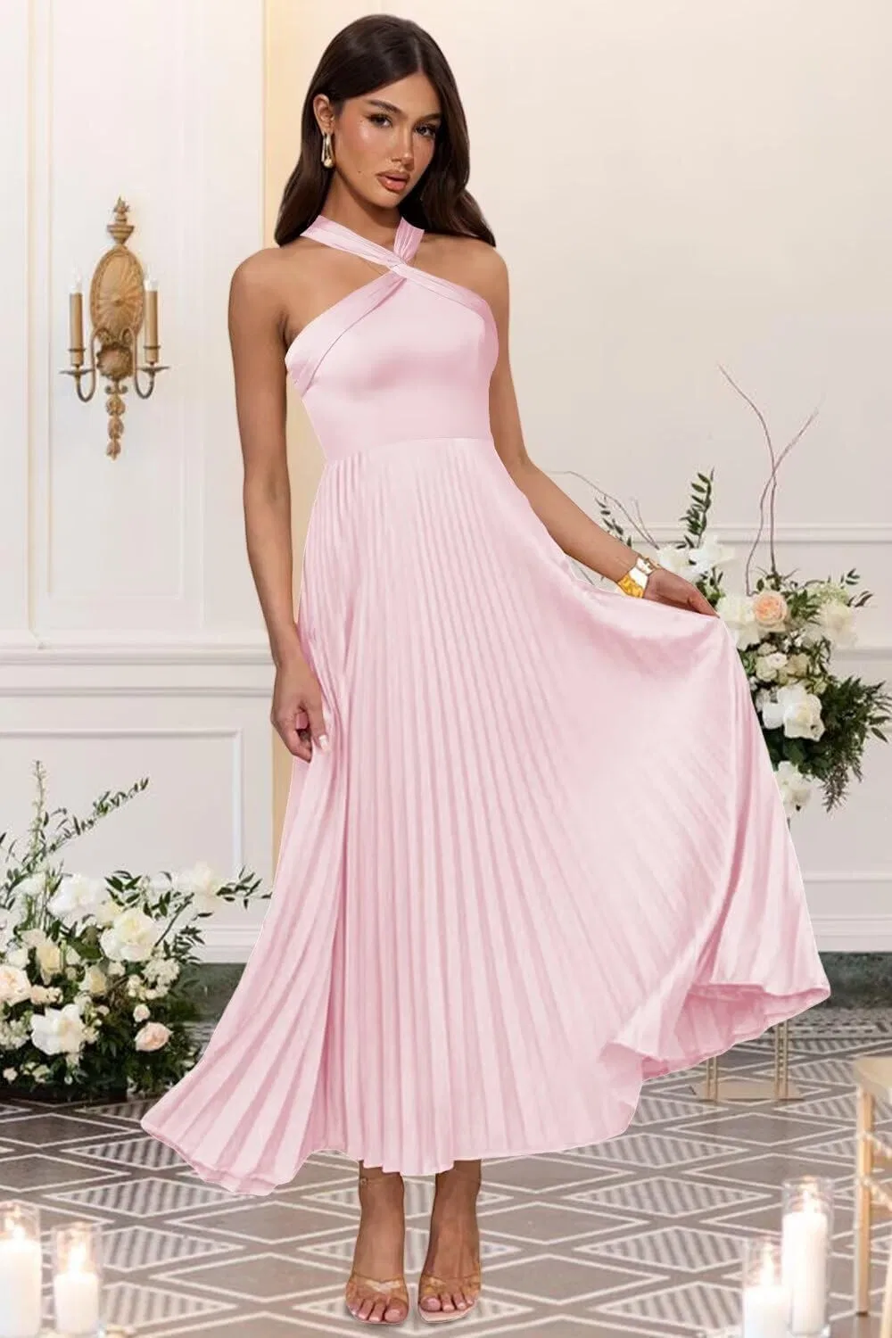 Женское вечернее платье с запа́хом на шее из сатина A-line YH105, Navy Blue — фото 4