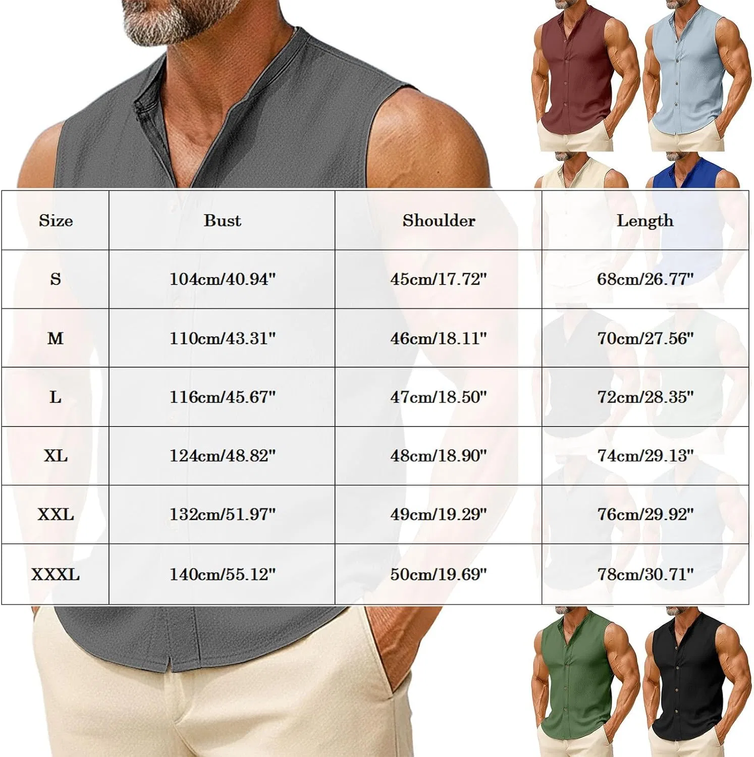 Мужская майка-борцовка с пуговицами, хлопковая, Lightweight Summer Beach Shirts, чёрный — фото 3