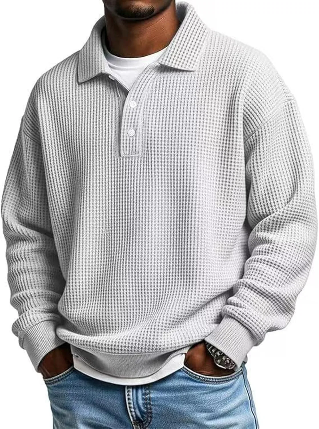 Мужское поло с вафельной текстурой Long Sleeve Polo Shirt for Men, White