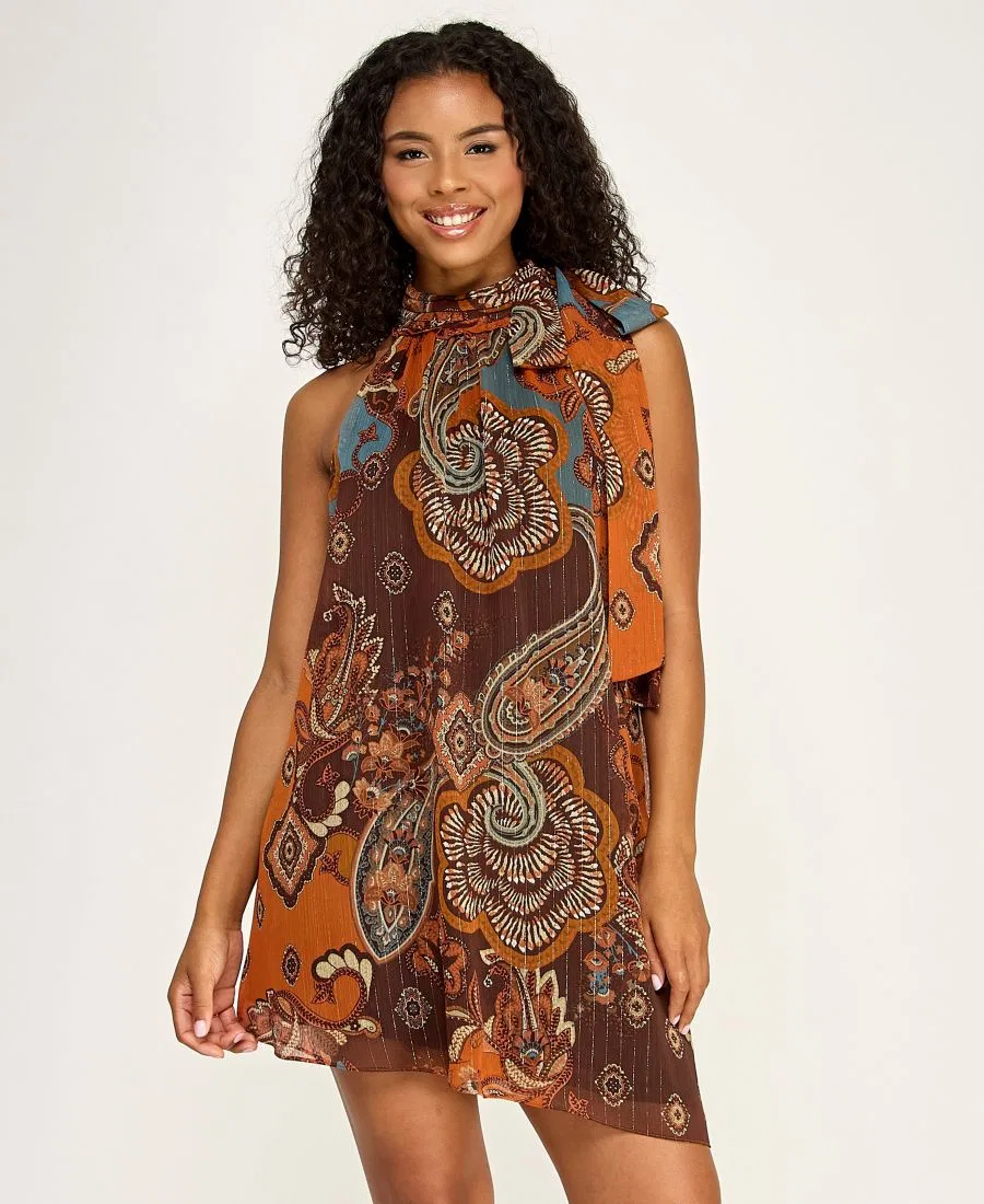 Платье короткое с принтом пейсли, модель Mock Neck Paisley Print Short Dress SENI & CADE, Multi — фото 2