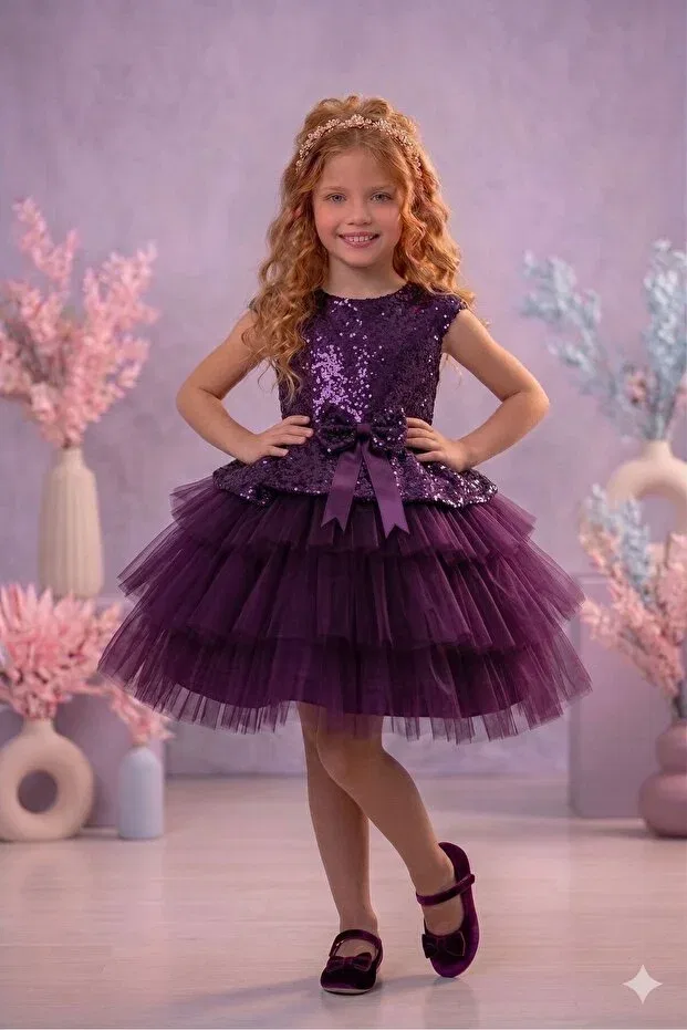 Детское платье для девочек с пайетками Girl'S purple sequined layered tulle evening dress Delfini Kids, Purple — фото 3