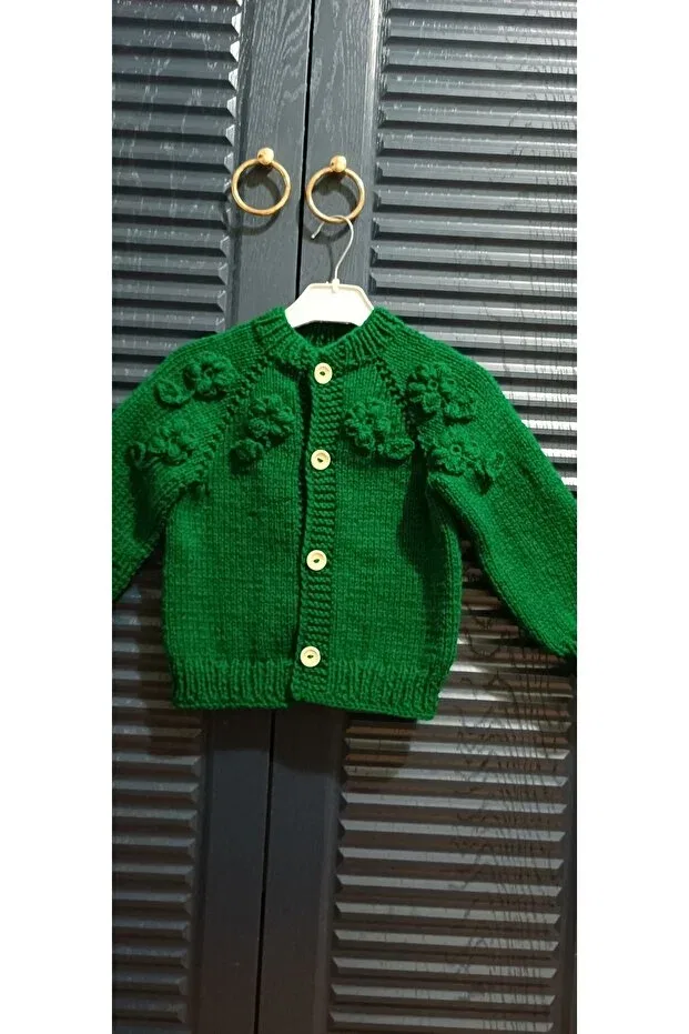 Детский кардиган для девочек вязаный Hand knitted girl's cardigan El Örgüsü Cici Bebe, Dark Green