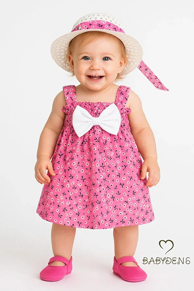 Детское платье для девочек с принтом Baby Girl Floral Patterned Bow Summer Dress And Hat Set Babyden'S, Pink — фото 2