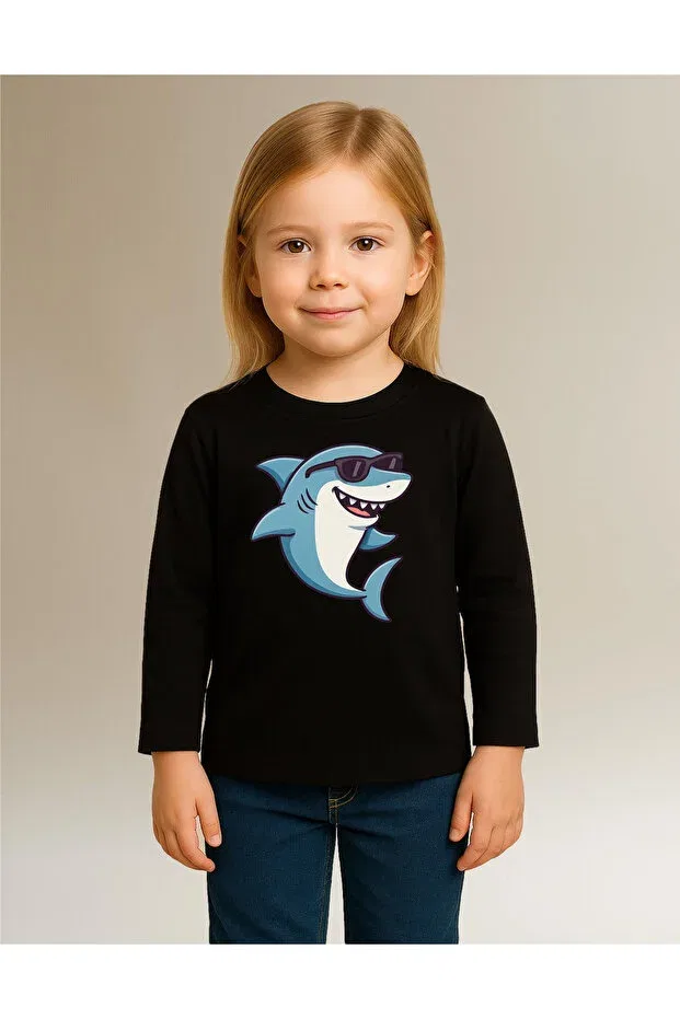 Детская футболка с длинным рукавом с принтом Cool Shark With Sunglasses Mixxi Fashion, Black — фото 3