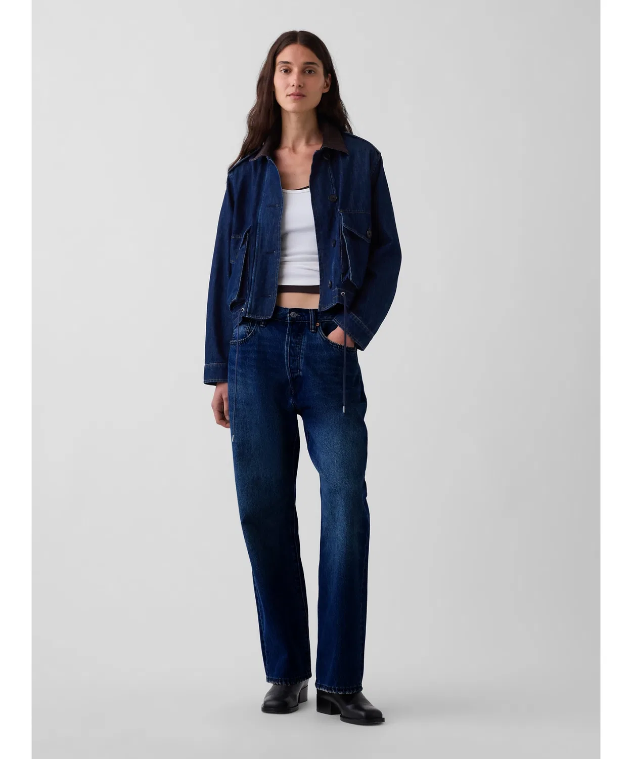 Женская джинсовая куртка с вельветовым воротником, свободный крой GAP, Indigo Blue — фото 2