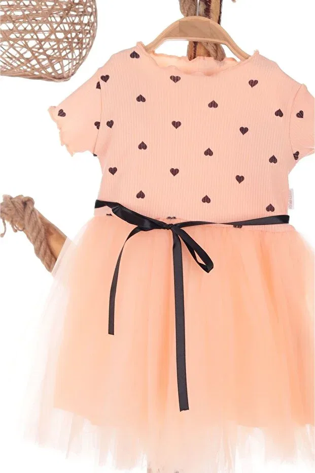 Детское платье для девочек с коротким рукавом Girl'S heart tulle half sleeve dress Bam Bam Giyim, Heart-Salmon — фото 3