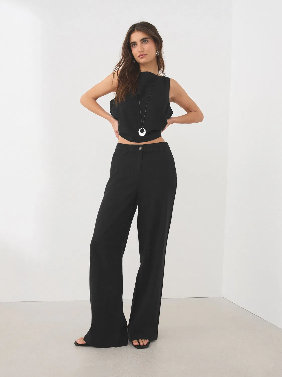 Брюки прямого кроя из смесового льна, Wide Leg Next, черные