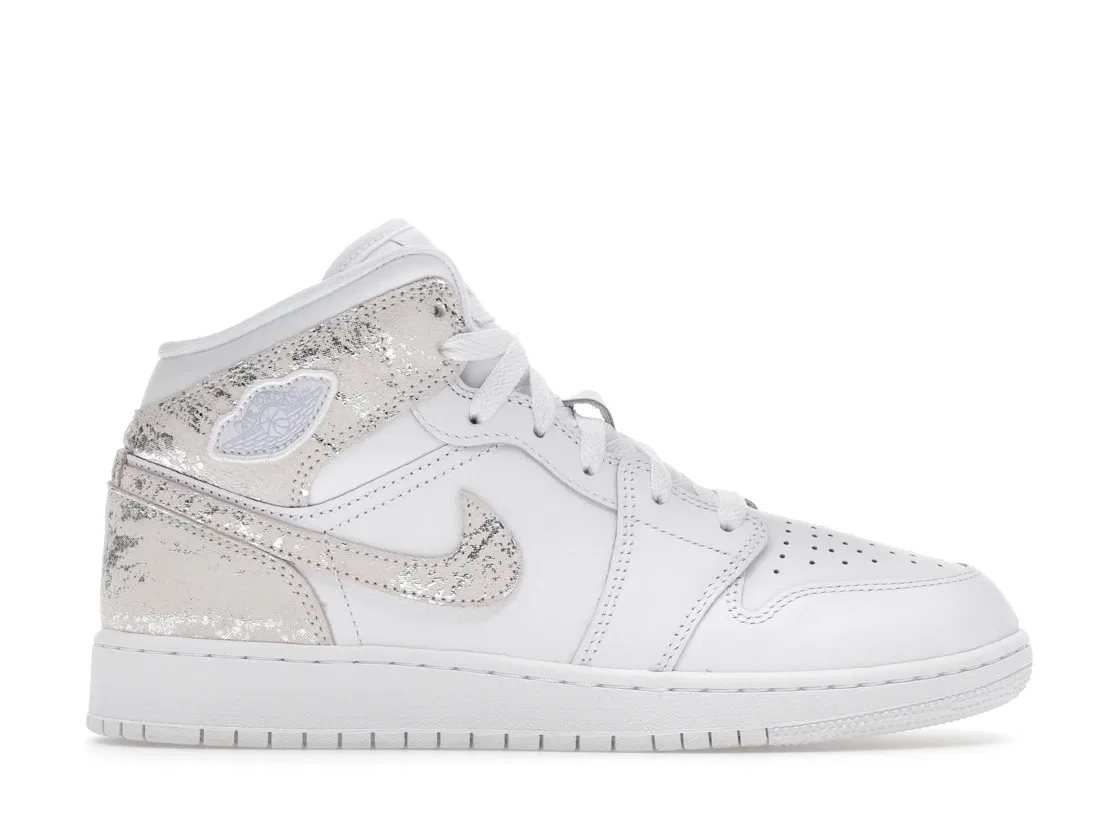 Детские кроссовки с длинным шнурком Jordan 1 Mid SE Jordan, White/White/White/Field Silver