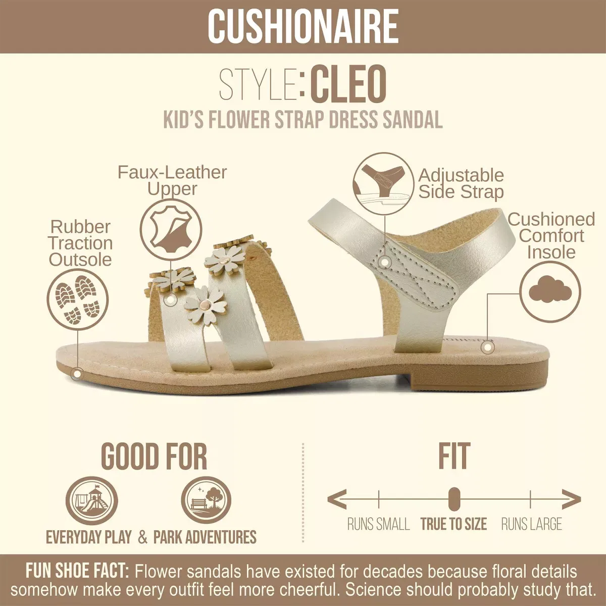 Детские сандалии для девочек с цветочным дизайном CUSHIONAIRE, Gold — фото 2