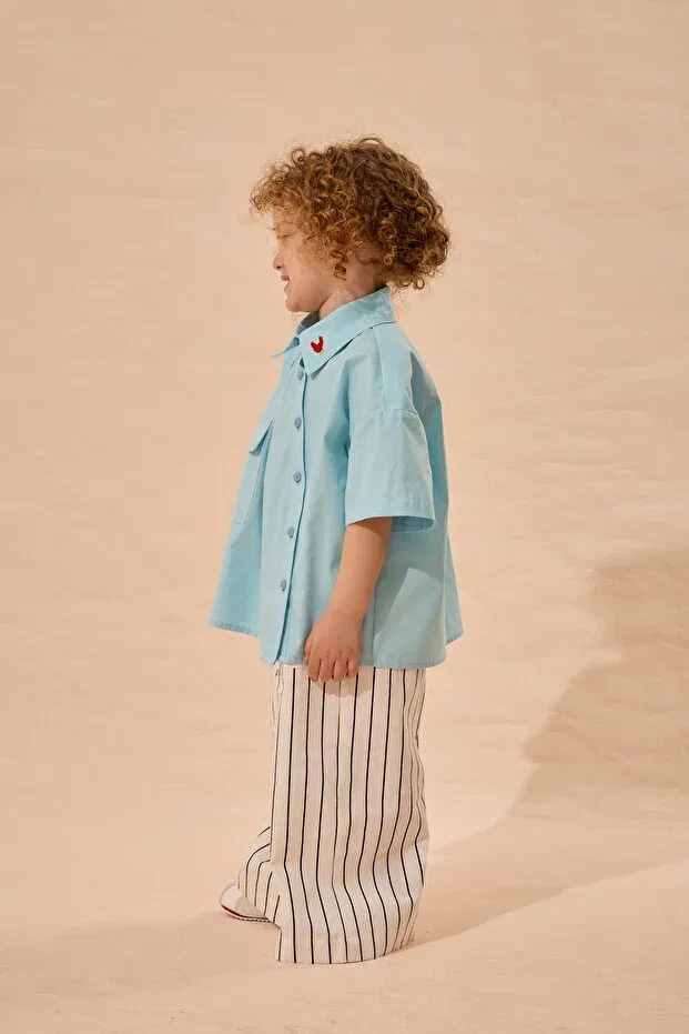 Детская рубашка для мальчиков с геометрическим принтом Rooster Embroidered Asymmetrical Placketed Shirt Fahhar Kids, Blue — фото 3