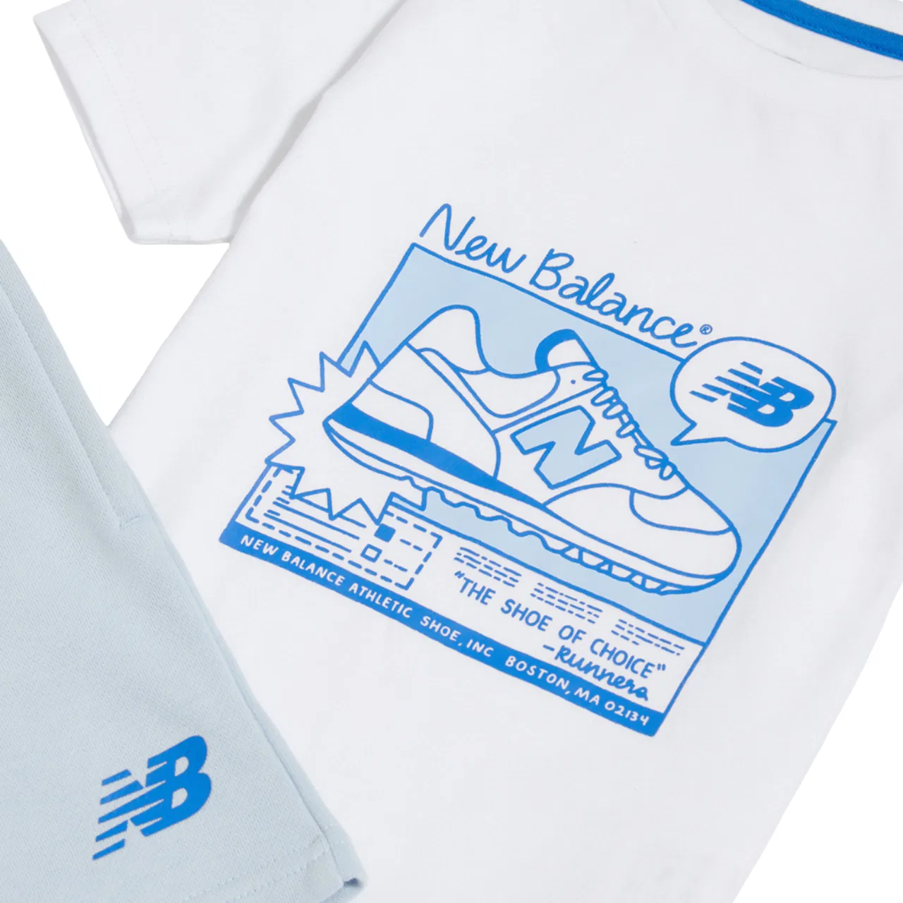 Детский комплект для мальчиков из хлопка футболка и шорты New Balance T-Shirt Short Set, белый/синий — фото 3