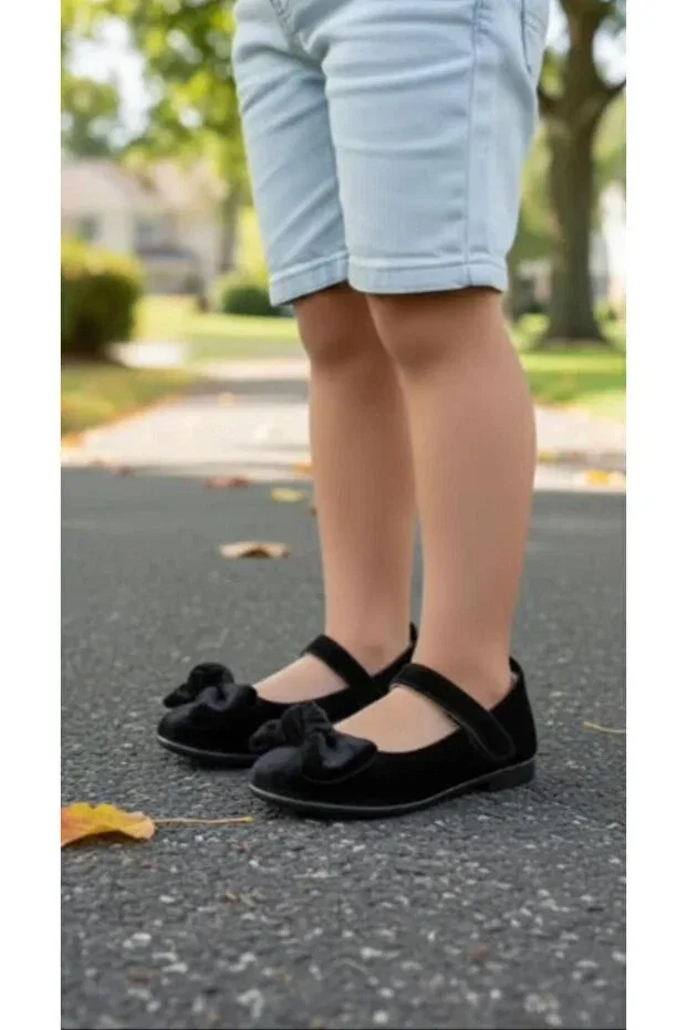 Детские балетки для девочек с принтом Velvet children's ballet flats with bow on the front Gala, Black — фото 4