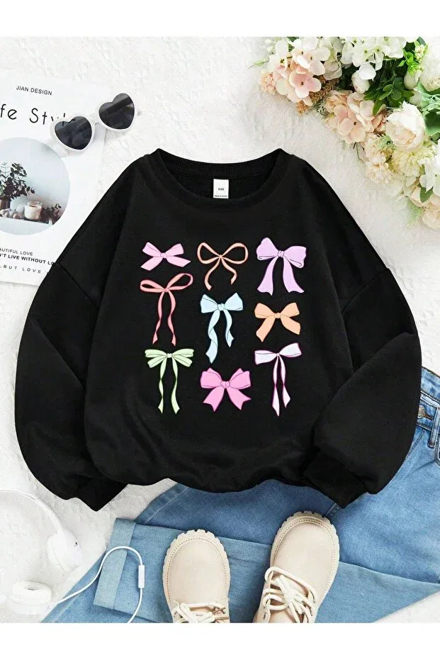 Детские свитшот для мальчиков с принтом Colorful Bow Printed Cotton Kids Sweatshirt Sweetline, Black