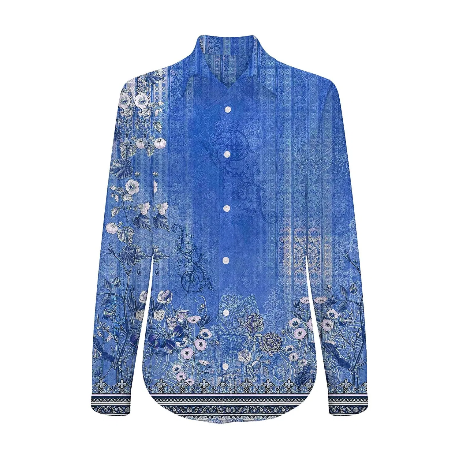 Женская блузка с принтом Women's Summer Button Down Shirt Casual Roll Up Sleeve Linen Fashion Floral Print Work Blouse Loose Fit Lightweight Breathable Slim Long Sleeve Shirt, Blue — фото 4