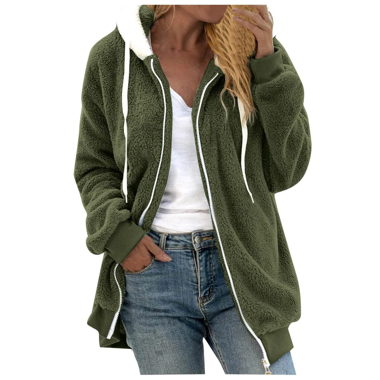 Женское зимнее пальто на флисовой подкладке с zip и капюшоном, Verde, g — фото 2