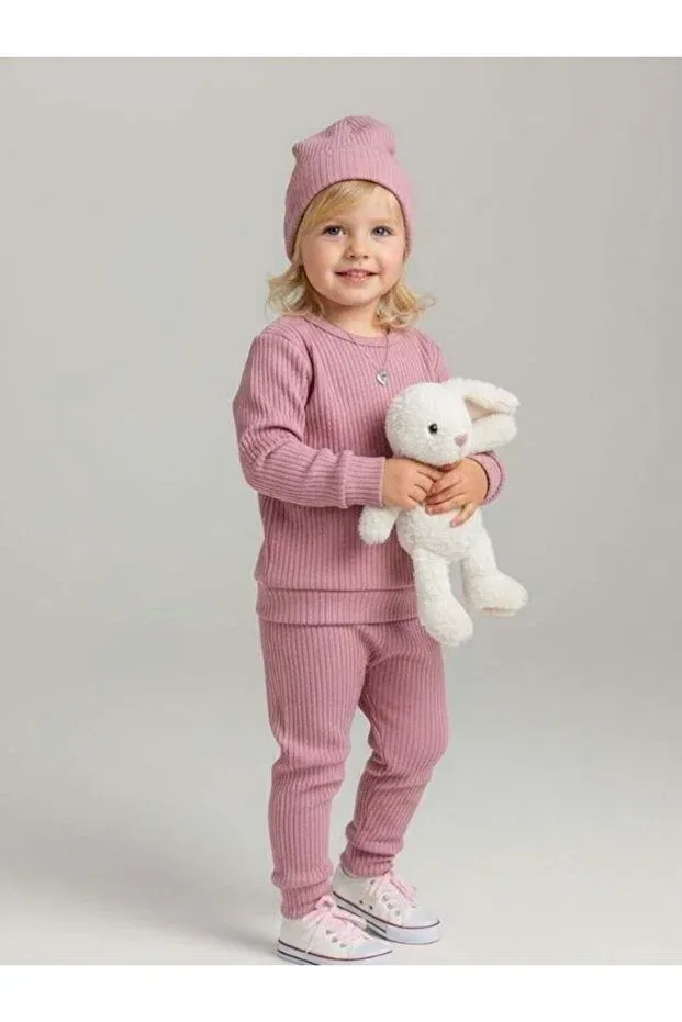 Детский комплект из хлопка с принтом Baby Girl Cotton Ribbed Tracksuit Set Zekids, Rose Dry