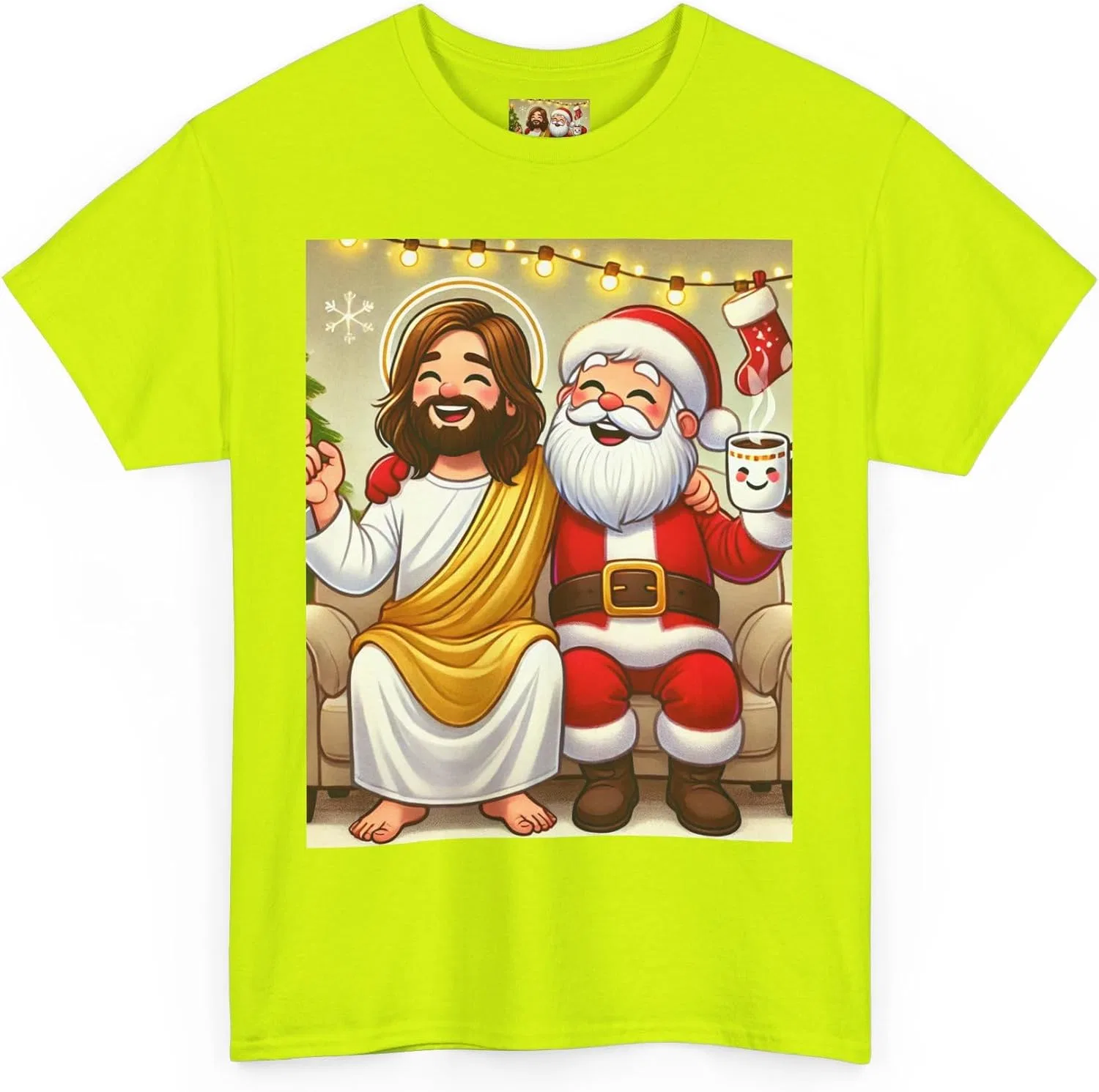 Женская футболка с принтом Funny Santa Jesus Hanging Out, Safety Green — фото 3