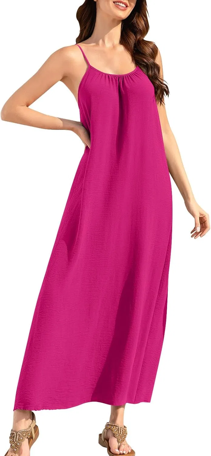 Женское летнее платье на бретелях без спинки с завязками, Hot Pink