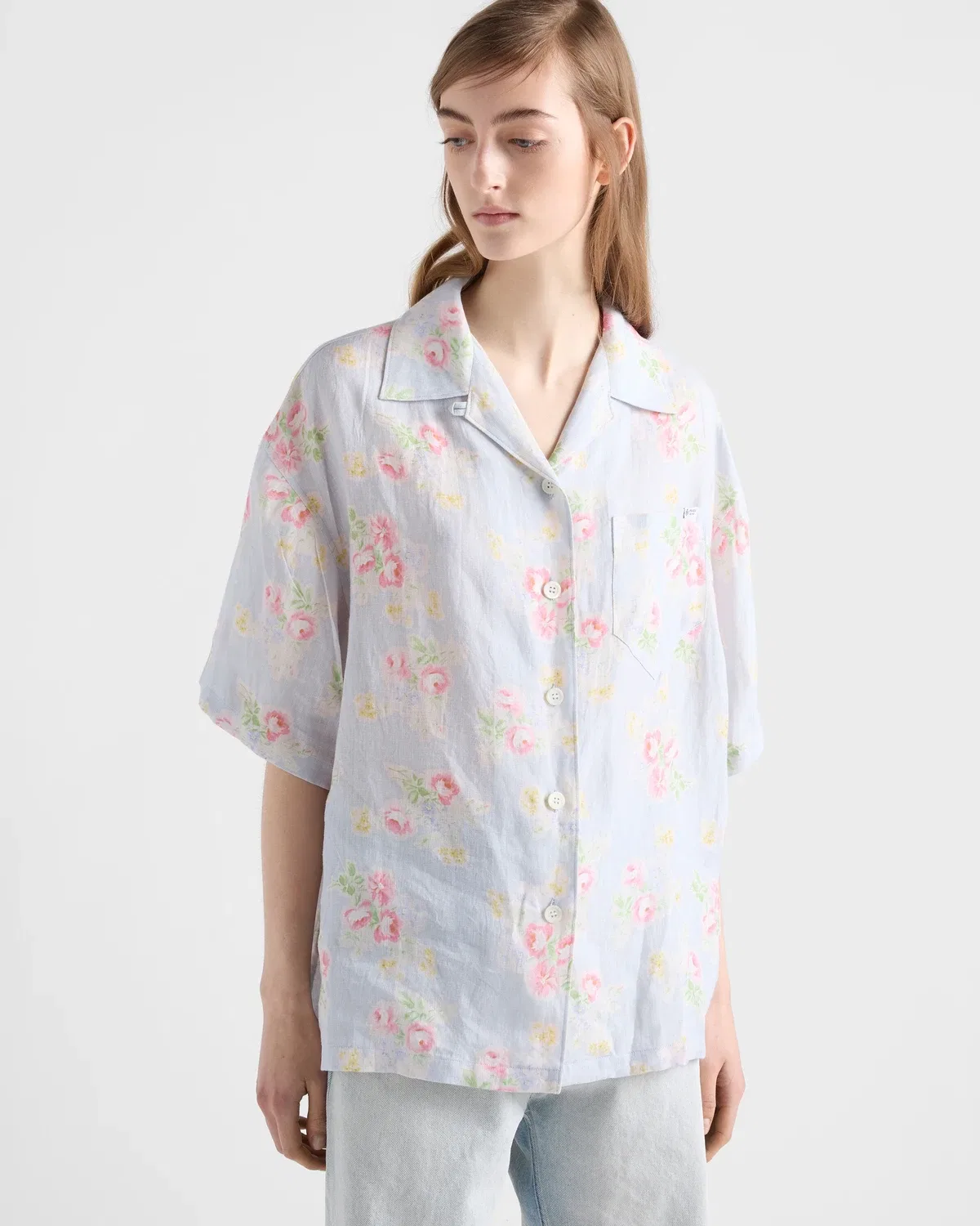 Рубашка с коротким рукавом Floral Print Old Linen Prada, голубой — фото 4
