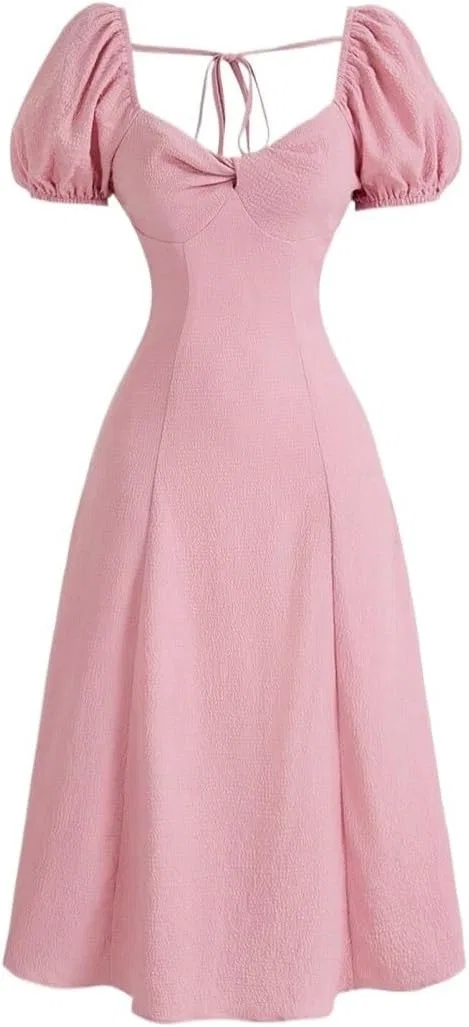 Женское платье миди с рукавами-фонарик Solid Color, Pink