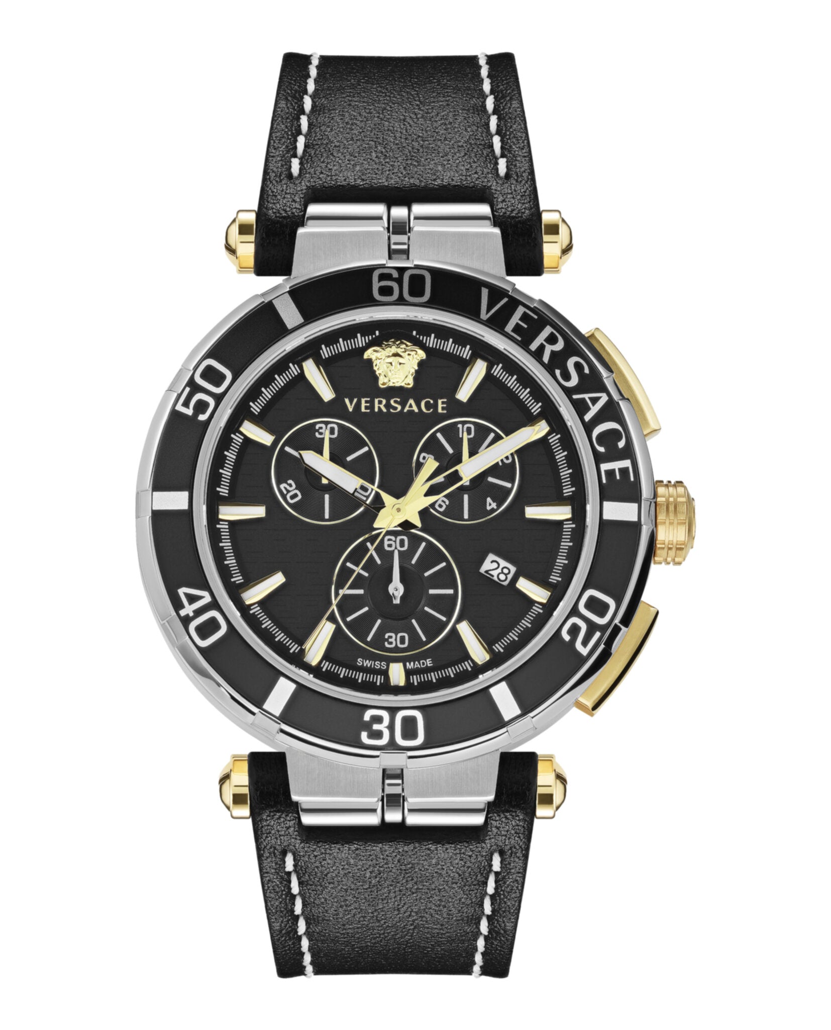 

Часы Greca Chrono из кожи Versace, цвет black/stainless steel/black