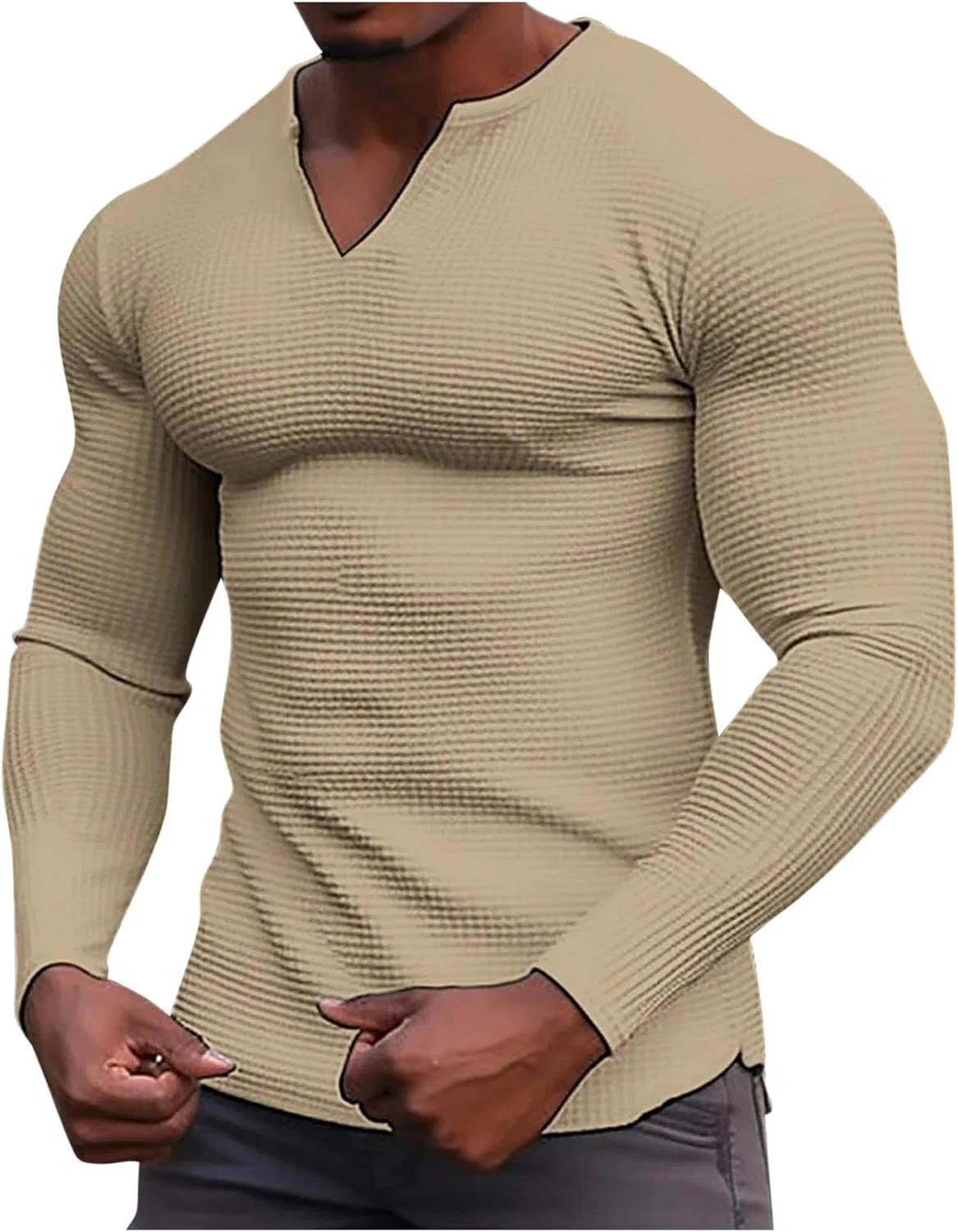 Мужская футболка с V-образным вырезом длинным рукавом Regular Fit, Khaki