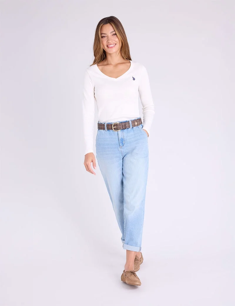 Женский лонгслив U.S. Polo Assn. V-Neck T-Shirt, кремовый — фото 3