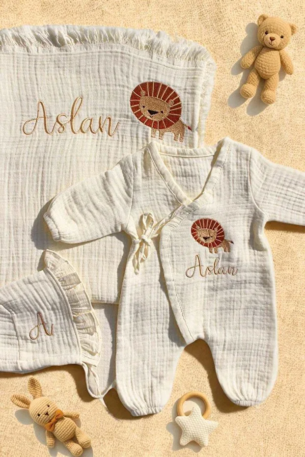 Детский комплект из муслина с вышивкой льва Lion embroidery Babiesfirst, White