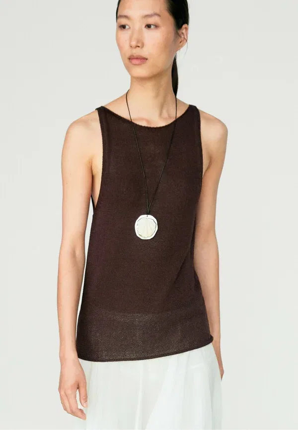 Топ с воротником-лодочкой Fine-Knit halter top Massimo Dutti, крапчатый темно-коричневый — фото 3