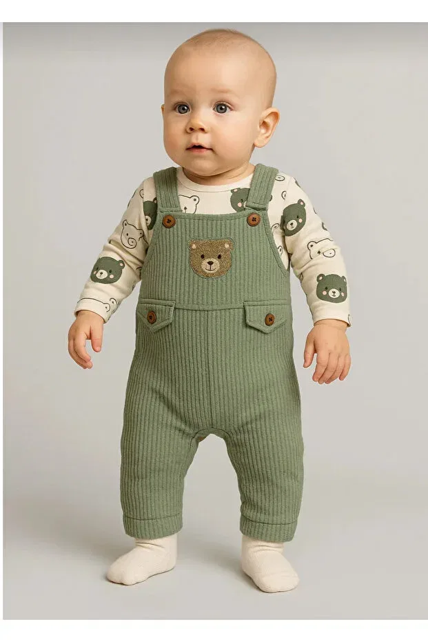 Детский комбинезон с принтом Nafi̇Tto bear embroidered baby boy salopet set of 3 - bodysuit, salopet and socks Babywings, Green — фото 3