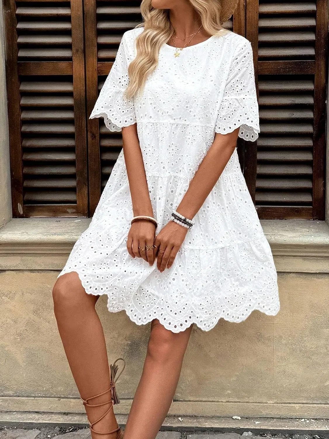 Женское платье с воланами и вышивкой для пляжа, White — фото 4