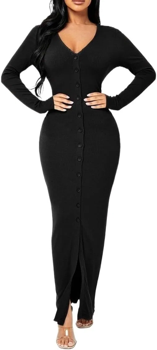 Женское макси-платье с пуговицами Bodycon, Black