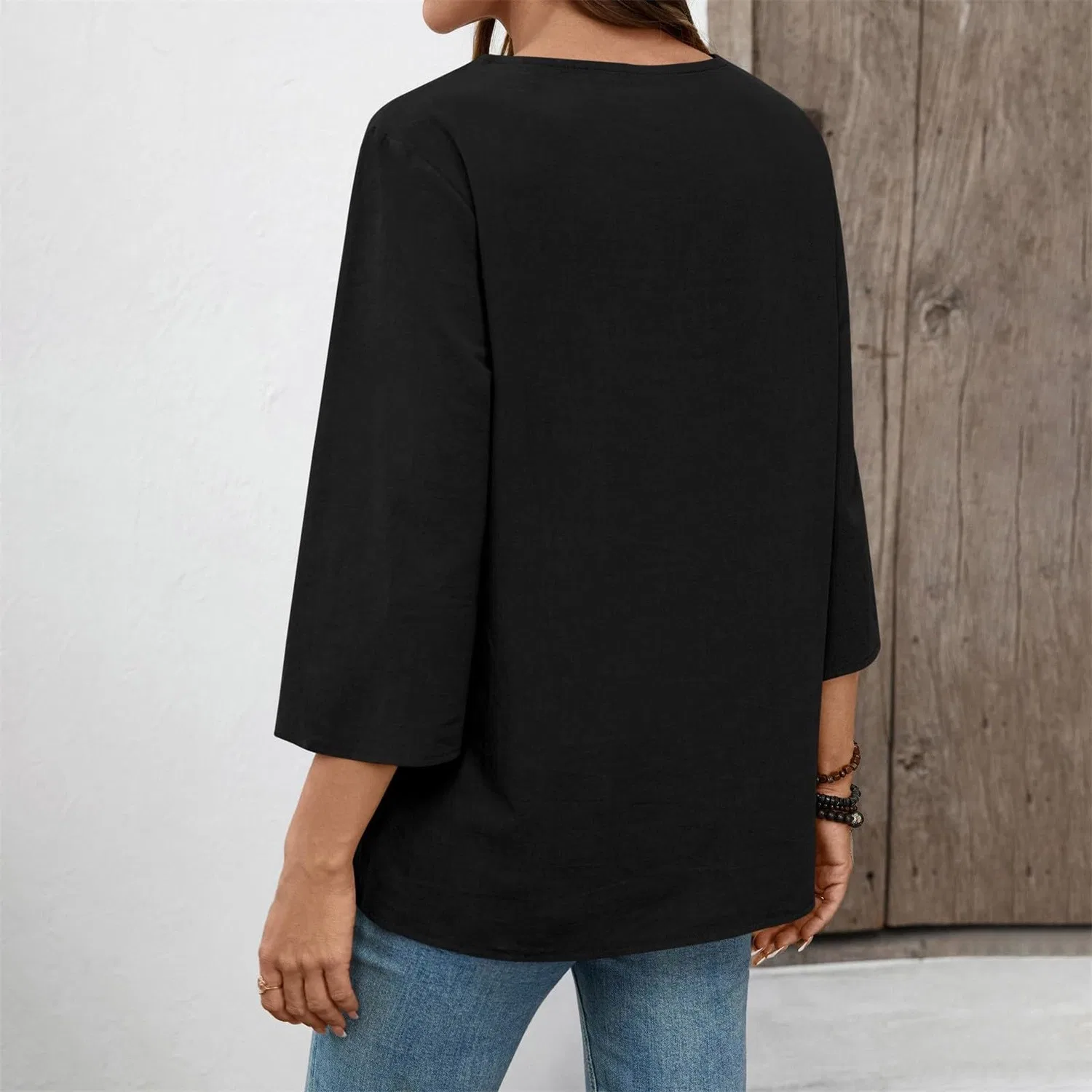 Женская льняная туника с вышивкой Retro 3/4 Sleeve Boho Casual Loose Fit Lightweight Summer Beach Blouse, D-black — фото 3