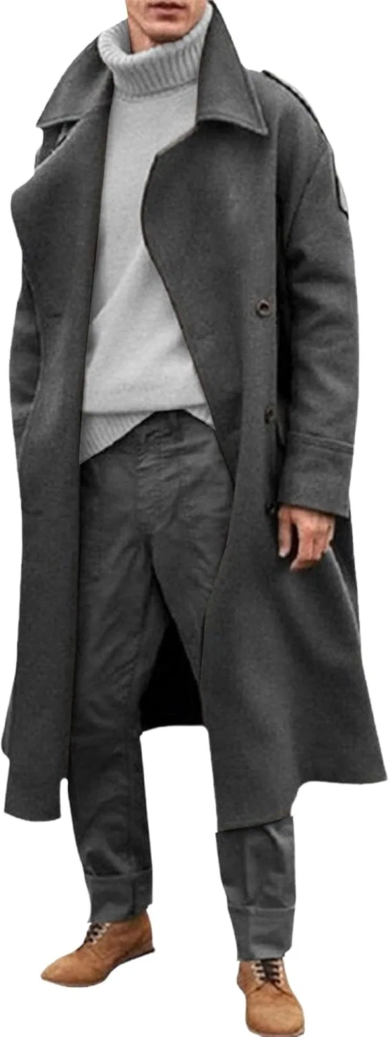 Мужское длинное пальто-тренч Oversized с лацканами, серый