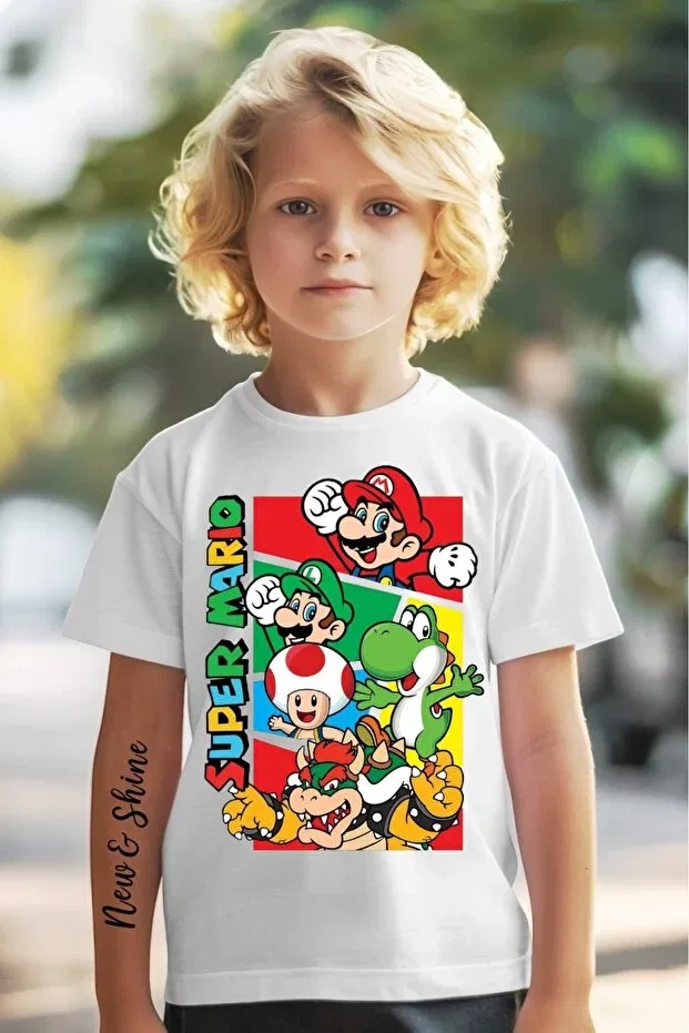 Детская футболка для мальчиков с принтом Super Mario Printed Oversized New Shine, Белый