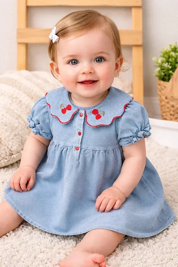 Детское платье для девочек с вышивкой вишни Baby Buu, Navy Blue