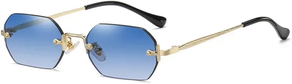 

Солнцезащитные очки без оправы, прямоугольной формы, маленькие, мужские и женские, металлические, золотистые, многоугольные, синие, UV400, без оправы HYYZZC, Gold Blue
