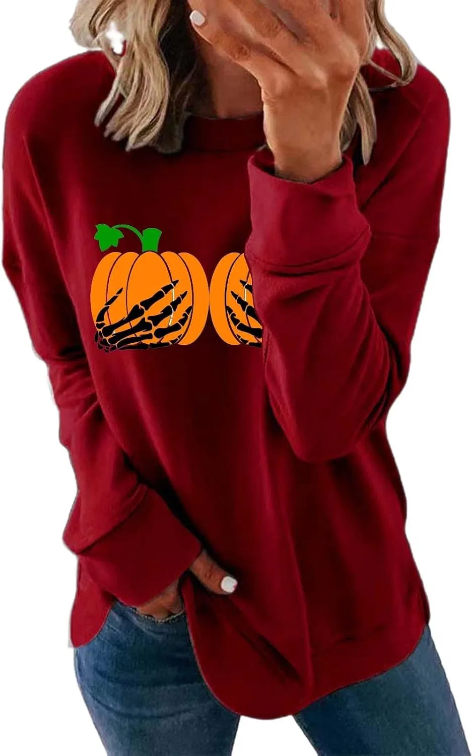 Блуза женская с круглым вырезом, длинным рукавом, Halloween, красный