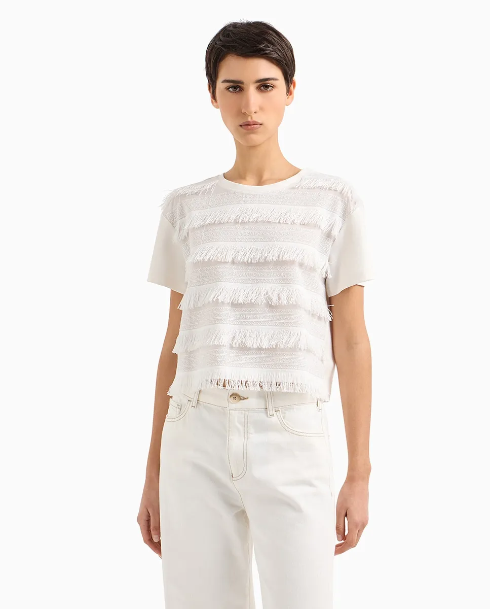 

Женская футболка с коротким рукавом и аппликациями из бахромы Emporio Armani, цвет Blanco Hielo
