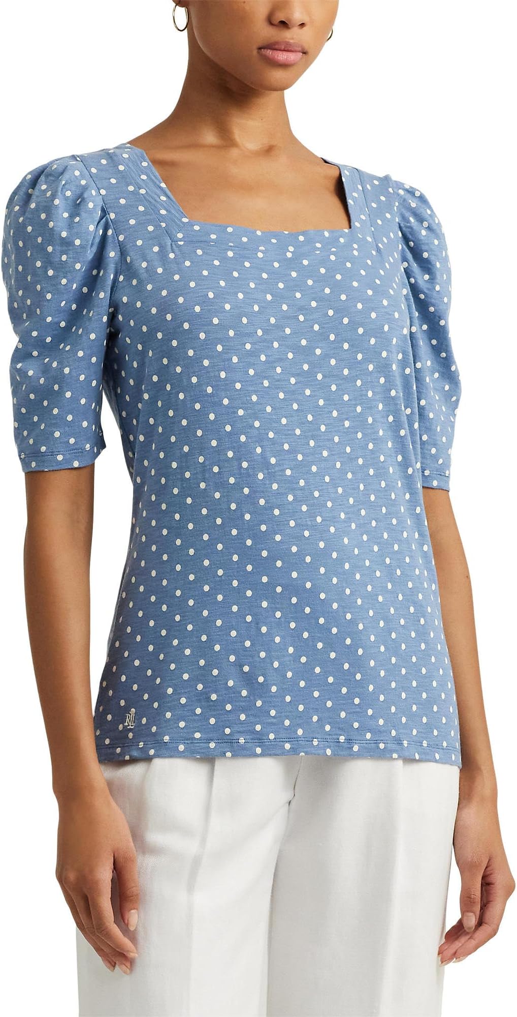 

Футболка Lauren Ralph Lauren Polka-Dot Slub Jersey Puff-Sleeve Tee, цвет Blue/Cream