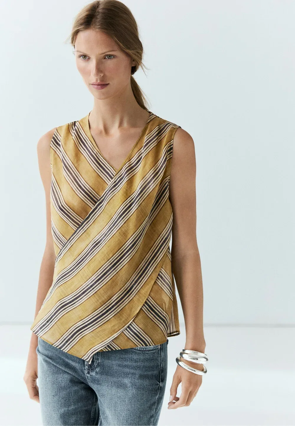 Струящаяся полосатая блузка-топ из смеси рами с запахом Massimo Dutti, Dark Yellow