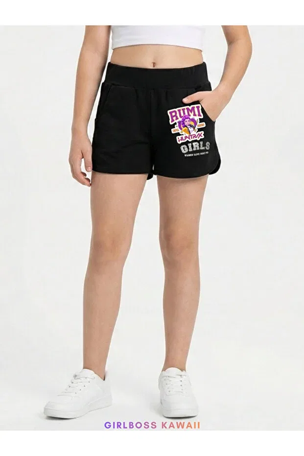 Детские шорты для девочек с принтом Girlboss Kawaii, Black — фото 2