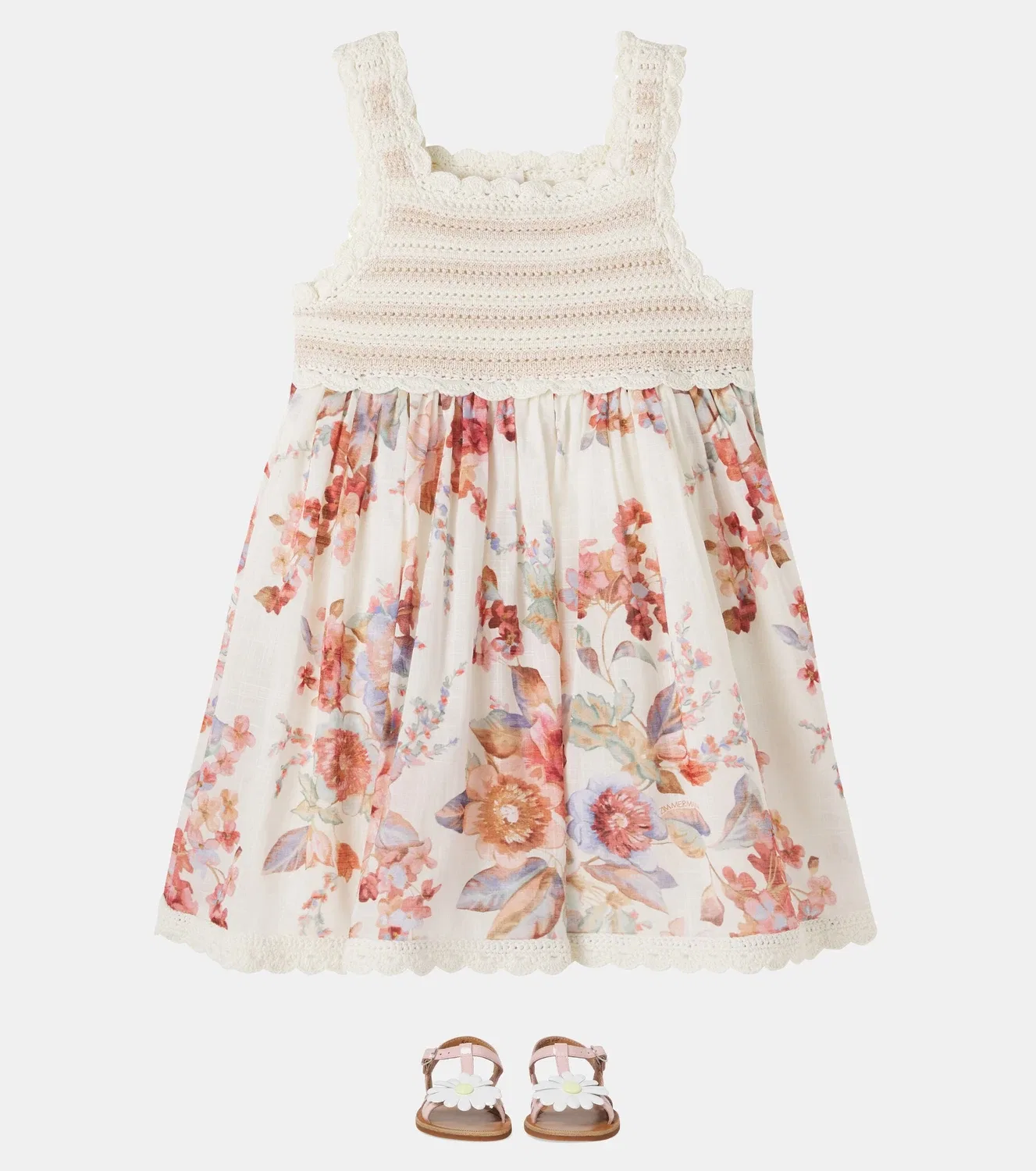 Платье хлопковое с цветочным узором Awaken Zimmermann Kids, бежевый — фото 2