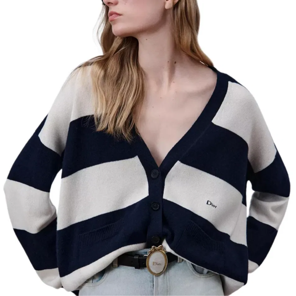 Женский кашемировый свитер с V-образным вырезом, Blue White, DIOR — фото 4