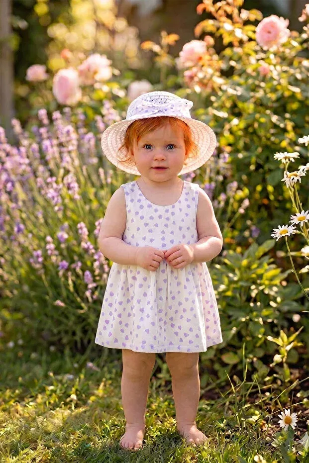 Детское платье для девочек хлопковое с бретельками-спагетти Summer baby girl dress with bow detail and fedora hat Beniizle, Lilac